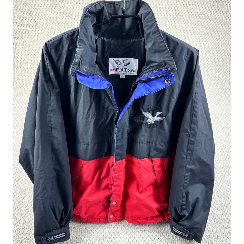 Vtg Triple FAT Goose Jacket Mens L Black Red Hooded Windbreaker Color Block 90s